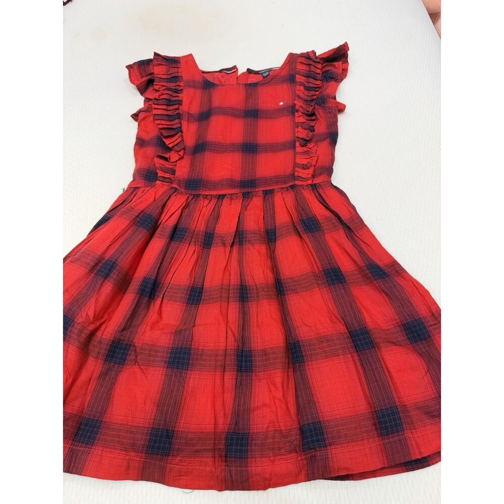 Tommy Hilfiger Girls Dress Size L 12/14 Red Navy Plaid Ruffle Holiday
